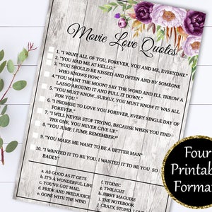 Movie Love Quotes Bridal Shower Games - Love Quote Game Printable Wedding Shower Game - Movie Love Quote - Bridal Shower Movie Quote Game