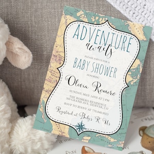 Adventure Awaits Baby Shower Invitation Template Travel Baby Shower Map Invitation Around The World Map Baby Shower Travel Invitation