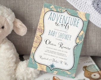 Zaproszenie na baby shower „Przygoda czeka”, mapa podróży (do pobrania w wersji cyfrowej)