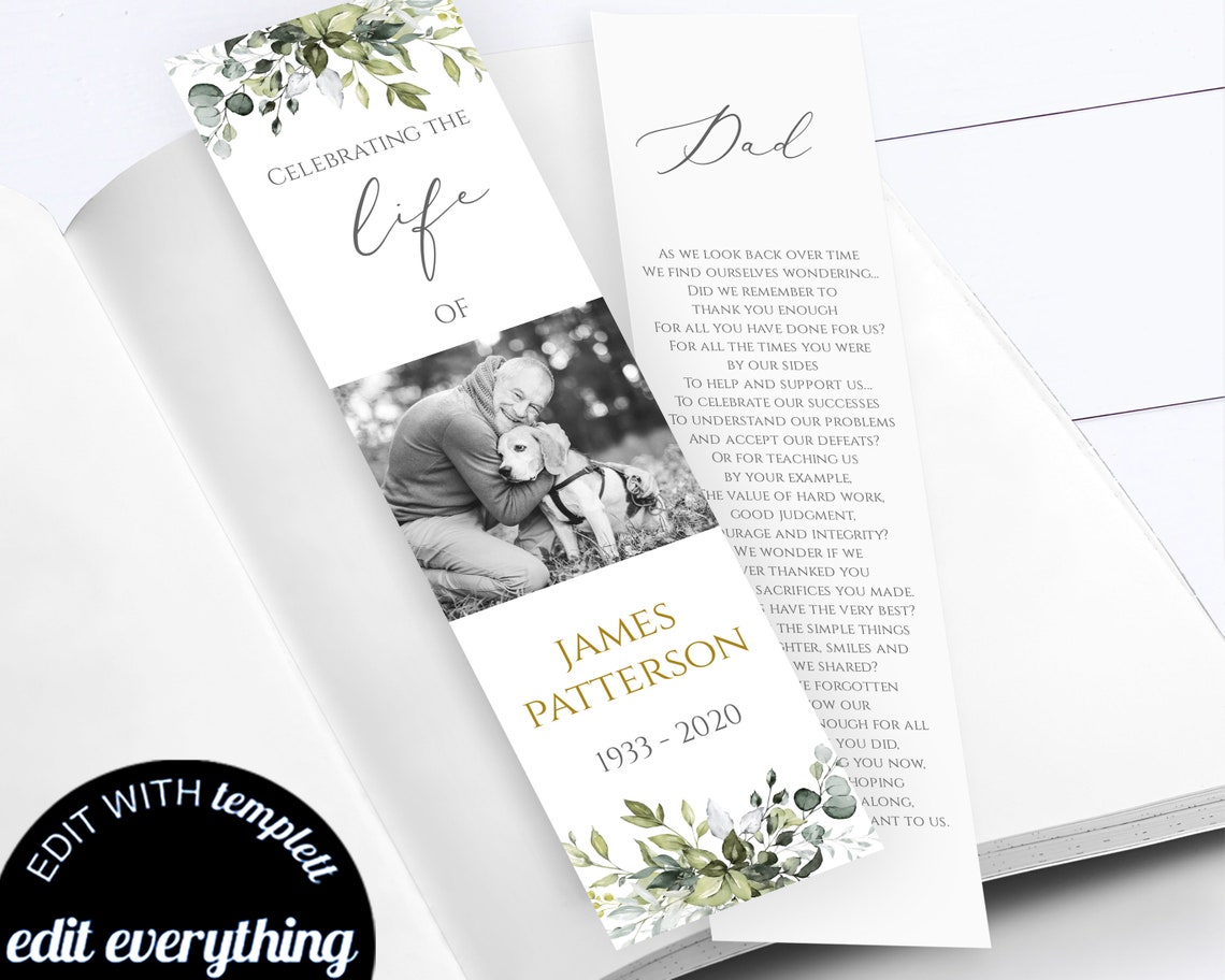 Editable Funeral Bookmark Template Printable Funeral Bookmark Etsy Canada