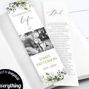 Editable Funeral Bookmark Template Printable Funeral Bookmark Printable Memorial Bookmark Greenery Bookmark Eucalyptus Memorial FT02