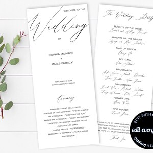 May include: Two-page wedding program with elegant script. The left page reads "Welcome to the Wedding of Sophia Monroe + James Patrick" with ceremony details. The right page lists the wedding party. A sprig of greenery rests on a white wooden surface.