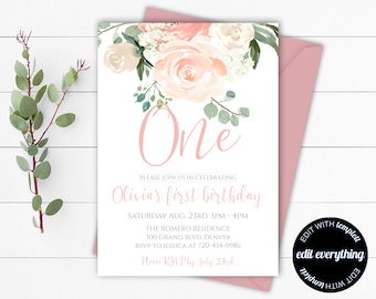 Pfirsich Blumen Erster Geburtstag Einladung Vorlage Rosa Blumen 1. Geburtstag Einladung Erster Geburtstag Mädchen Erster Geburtstag Invite Girl Birthday