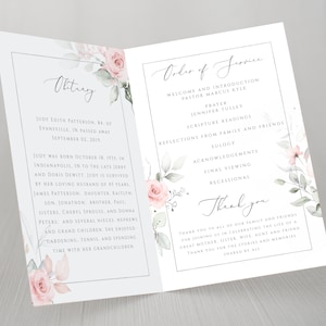 May include: A funeral program with a floral design featuring pink roses and green leaves. The program includes an obituary for Judy Edith Patterson and an order of service for the funeral.