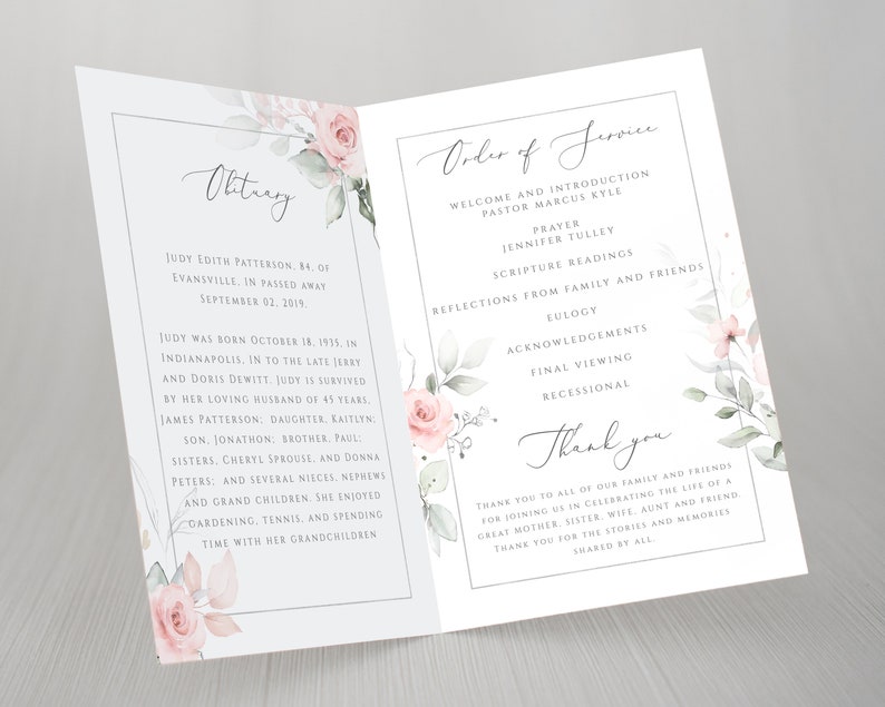 May include: A funeral program with a floral design featuring pink roses and green leaves. The program includes an obituary for Judy Edith Patterson and an order of service for the funeral.