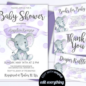 Purple Elephant Baby Shower Invite Purple and Gray Baby Girl Shower Invitations Purple Elephant Girl Baby Shower Purple Elephant Invite