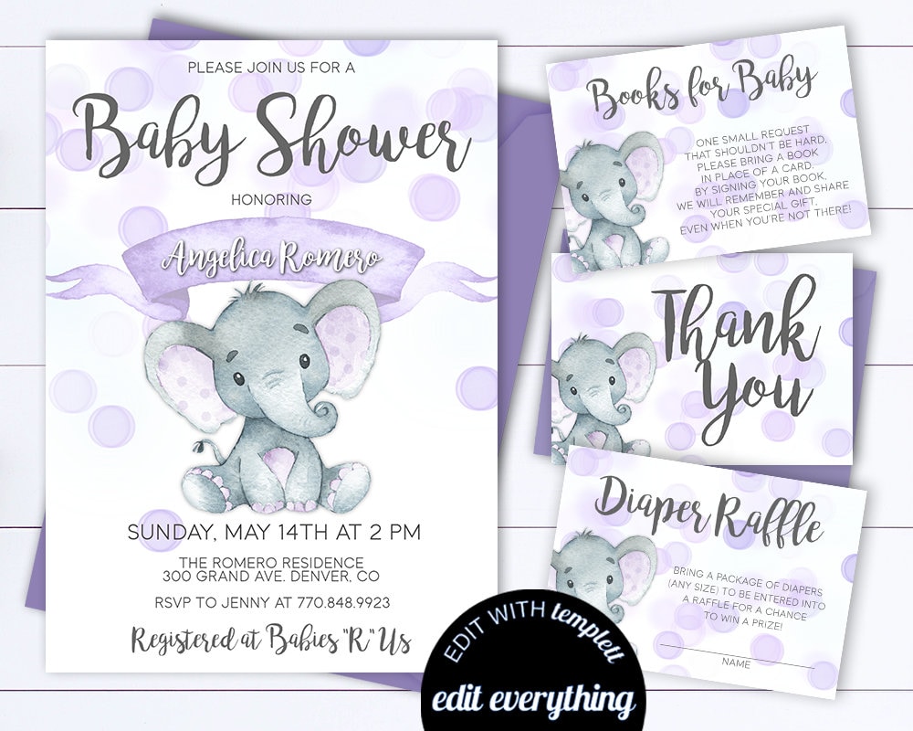 Purple Elephant Baby Shower Invite Purple and Gray Baby Girl Etsy