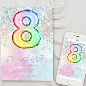 Editable 8th Birthday Invitation Template Rainbow Glitter Birthday Invite Foil Pastel Girl Eighth Birthday Instant Download Digital BD15