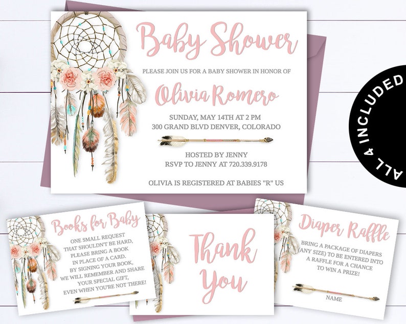 Dream Catcher Baby Shower Invitation Dreamcatcher Boho Baby Etsy