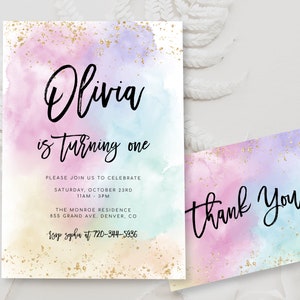 Editable Rainbow Birthday Invitation Template Watercolor Gold Glitter Birthday Invite Colorful Sprinkles Pastel 1st Birthday 2nd 3rd BD13