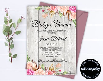 Plantilla de invitación de baby shower floral Plantillas de baby shower floral Descarga instantánea Invitaciones de baby shower para niña Baby shower editable