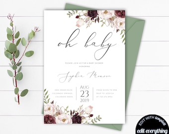 Blush Floral Baby Shower Invitation Template Pink Floral Baby Shower Invite Girl Baby Shower Flower Invitation Blush Baby Shower Invite