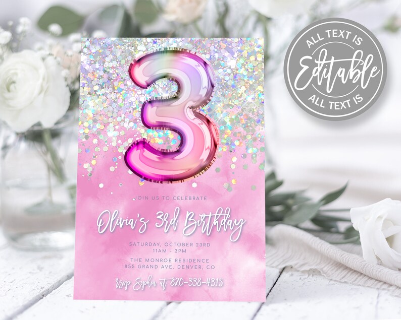 Editable Pink 3rd Birthday Invitation Template Glitter Birthday Party ...