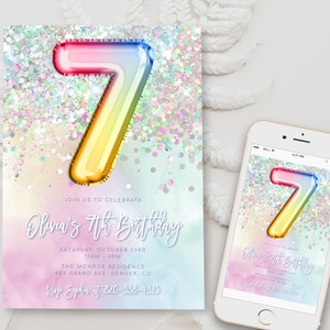 Editable 7th Birthday Invitation Template Rainbow Glitter Birthday Invite Foil Pastel Girl Seventh Birthday Instant Download Digital BD15