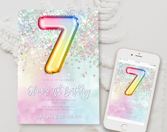 Editable 7th Birthday Invitation Template Rainbow Glitter Birthday Invite Foil Pastel Girl Seventh Birthday Instant Download Digital BD15