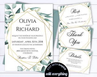 Eucalyptus Gold Geometric Wedding Invitation Eucalyptus Wedding Invitation Printable Wedding Invitation Template Botanical Wedding Invite