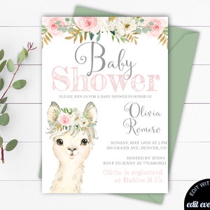 Llama Baby Shower Invitation Template Baby Shower Llama Invitation Llama Girl Baby Shower Invite Editable Alpaca Baby Shower Invitation