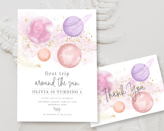 Editable First Trip Around The Sun Birthday Invitation Template Outer Space Birthday Invitation Galaxy Blast Off 1st Birthday Invite BD11