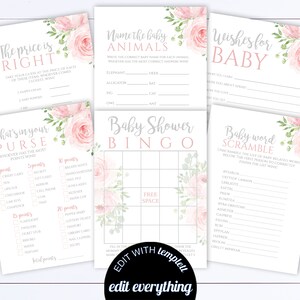 Pink Floral Baby Shower Games Printable Baby Shower Games Package Baby Shower Activity Printable Baby Shower Bingo Baby Shower Printable