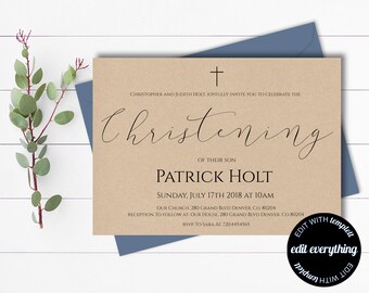 Christening Invitation Boy Christening Invitation Girl Christening Announcement Printable Christening Invite Printable Invitations Editable