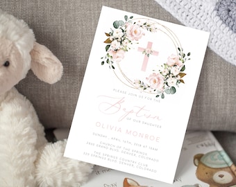 Blush Floral Baptism Invitation Template Girl Baptism Invitation Printable Baptism Invites Christening Invite Baby Girl Baptism Invitation
