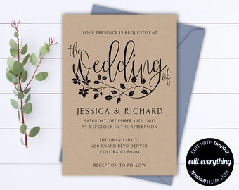 Rustikale Hochzeitseinladung Vorlage - Kraft Hochzeitseinladung - Sofortiger Download Druckbare Einladung - Rustikale Einladung Hochzeitsvorlage