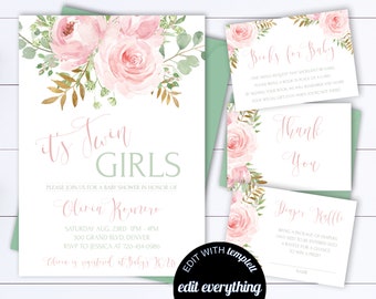 Pink Floral Twins Baby Shower Invitation Template Twin Girls Baby Shower Invite Floral Twins Invitation Greenery Twin Baby Shower Invite