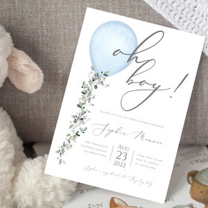 Oh Boy Balloon Baby Shower Invitation Printable Greenery Oh Boy Baby Shower Template Blue Water Color Balloon Baby Shower Invite BB01