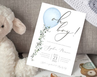 May include: A baby shower invitation with a blue watercolor balloon and green foliage. The text reads "Oh boy!" and includes the name "Sophia Moore", the date "August 23, 2022", and the time "from noon to 3pm".