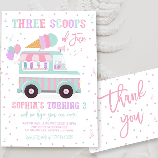 Editable Ice Cream Truck Birthday Party Invitation Template Three Scoops of Fun 3rd Birthday Ice Cream Third Birthday Instant Download BD06