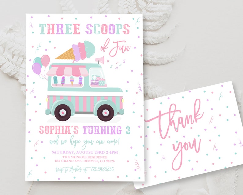 Editable Ice Cream Truck Birthday Party Invitation Template Three Scoops of Fun 3rd Birthday Ice Cream Third Birthday Instant