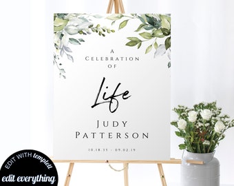 Greenery Celebration of Life Welcome Sign Editable Celebration of Life Sign Celebration of Life Funeral Sign Printable Funeral Sign