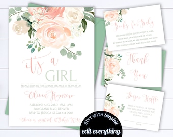 Floral Baby Shower Invitation Template - Floral Watercolor Baby Shower Invite - Girl Baby Shower Flower Invitation - Its a girl Baby Shower