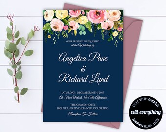 Blue Floral Wedding Invitation Printable Wedding Invitations Printable Invitation Suite Floral Invitation Set Floral Invitation Template