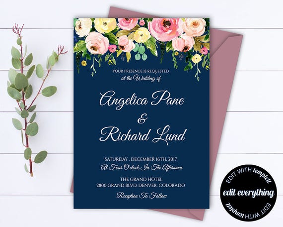 Blue Floral Wedding Invitation Printable Wedding Invitations Printable Invitation Suite Floral Invitation Set Floral Invitation Template