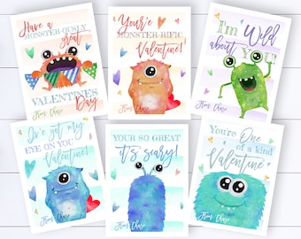 May include: Six printable Valentine's Day cards featuring colorful watercolor illustrations of friendly monsters with different messages. The cards have a striped background with hearts and the text "From: Chase".