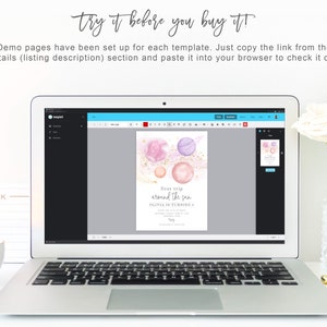 May include: A laptop screen displaying a digital design template for a birthday invitation. The invitation features a watercolour illustration of planets and stars with the text "first trip around the sun" and "Olivia is turning 3".