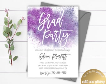 Plantilla editable de invitación a la fiesta de graduación Plantilla de invitación a la fiesta de graduación Invitación imprimible a la fiesta de graduación Anuncio de graduación de personas mayores