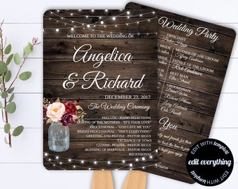 Rustic Wedding Program Template - Printable Program  - Wedding Fans - Kraft Wedding Fan Program  - Rustic Fan Program - Editable Program
