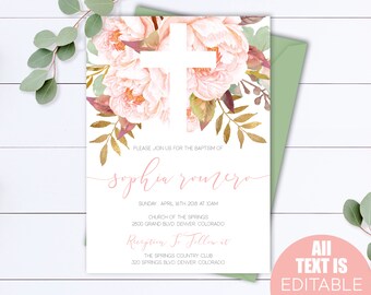 Pink Floral Baptism Invitation Template Girl Baptism Invitation Printable Baptism Invites Christening Invite Baby Girl Baptism Invitation