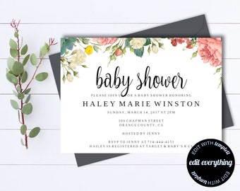 Plantilla de invitación de baby shower floral Plantillas de baby shower floral Descarga instantánea Invitaciones de baby shower para niña Baby shower editable