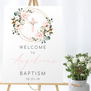 Editable Blush Floral Baptism Welcome Sign Template Baptism Celebration Christening Welcome Sign Custom Baptism Sign Baptism Party Welcome