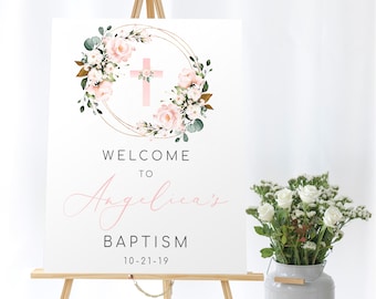 Editable Blush Floral Baptism Welcome Sign Template Baptism Celebration Christening Welcome Sign Custom Baptism Sign Baptism Party Welcome