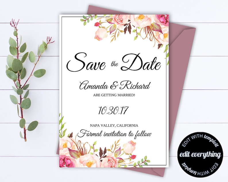 Pink Floral Save The Date Wedding Template Pink Floral Save Etsy