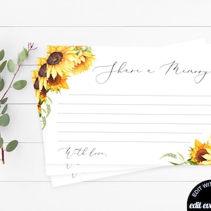 Sunflower Share a Memory Card Sunflower Favorite Memory Cards Sunflower Funeral Memory Card Sunflower Memory Printable Memory Cards FT04