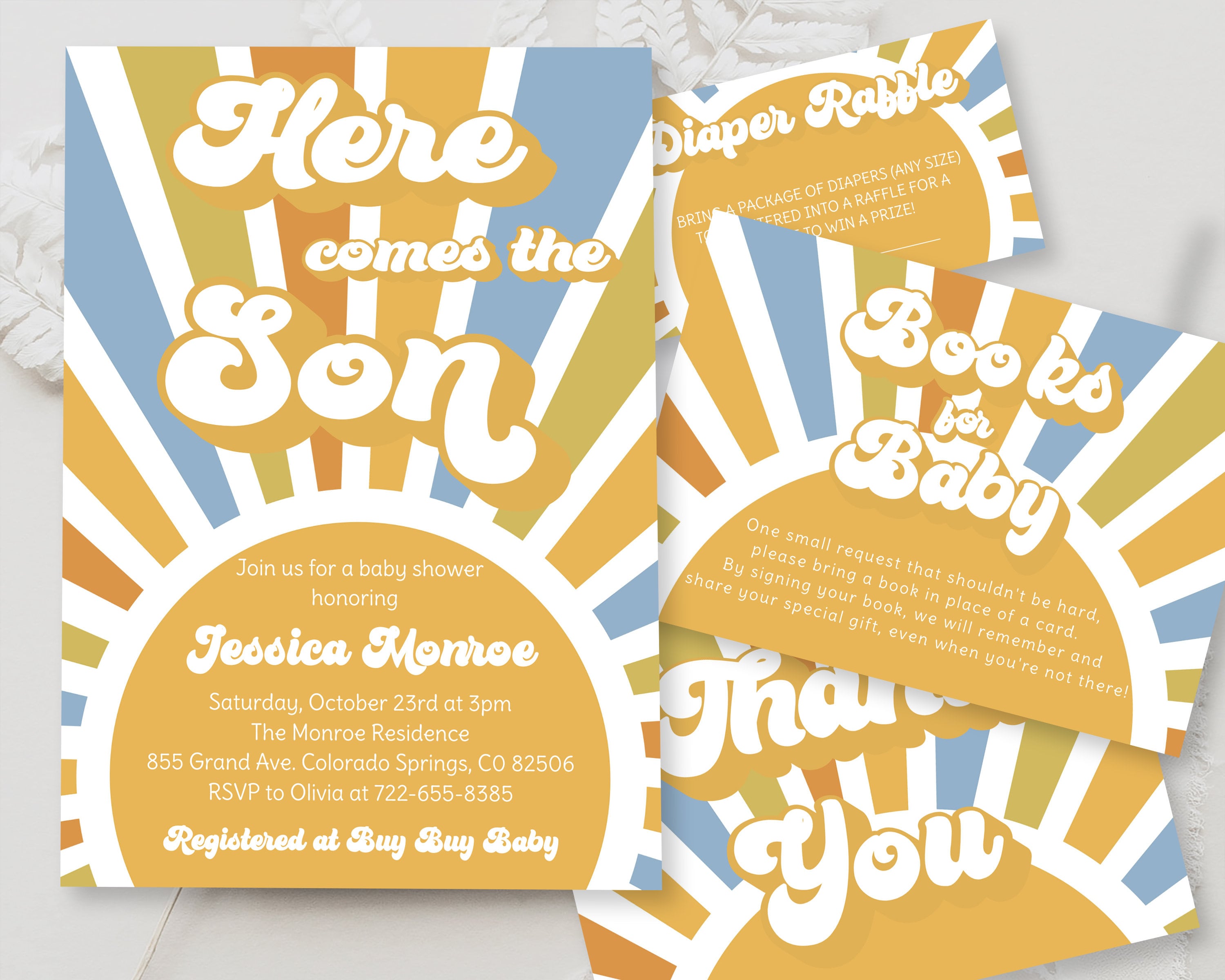 Editable Here Comes the Son Baby Shower Invitation Printable Sunshine Baby Shower Template Retro Baby Shower Invite BB03
