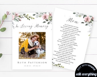 Floral Funeral Prayer Card Template Printable Memorial Prayer Card Template Editable Funeral Prayer Card Catholic Mass Card Obituary FT07