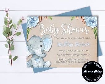 Kraft Baby Shower Invitation Template Boy Baby Shower Invite Baby Elephant Baby Shower Template Floral Baby Boy Shower invitation