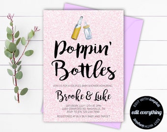 Invitación para baby shower de parejas de Poppin' Bottles Invitación mixta para baby shower de Poppin Bottles Plantilla de invitación para baby shower de Poppin Bottles