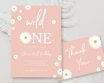 Editable Pink Daisy Birthday Party Invitation Template Floral Wild One 1st Birthday Instant Download Groovy Bohemian First Birthday BD03